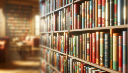 A close-up of colorful books on a shelf with a blurred library background, conveying a concept of knowledge and literature. Generative AI - Powered by Adobe