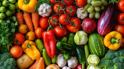  Pile of colorful fruits and vegetables healthy lifestyle wellness vegetarian tomatoes pepper veggy background