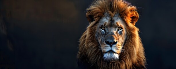 Fototapeta premium A majestic lion with piercing eyes, illuminated in the style of the golden glow of sunset