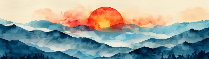 Beautiful watercolor painting of a vibrant sunset over majestic mountains, perfect for adding a touch of nature's beauty to any space.