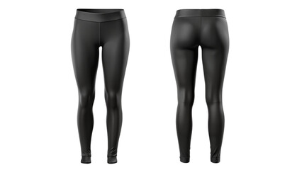 Black high-waisted leggings mockup, front and back view isolated PNG on transparent background