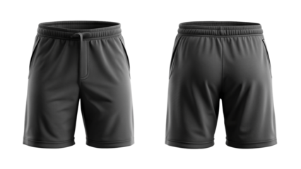 Realistic black athletic shorts mockup, front and back view isolated PNG on transparent background