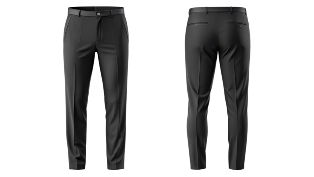 Realistic Black Dress Pants Mockup - Front and Back Views isolated PNG on transparent background