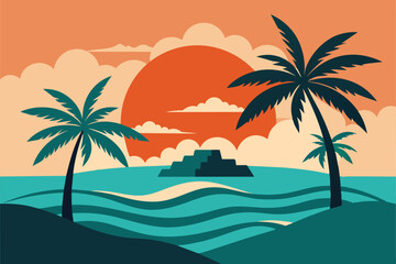 Fototapeta na wymiar Tropical island paradise. Vintage poster background with palms and sea waves vector