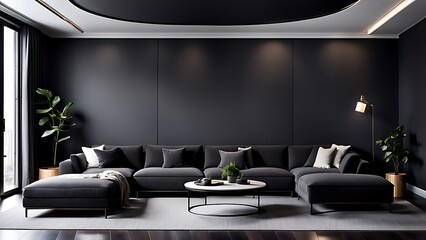 Fototapeta premium Living room in gray and black, Minimalist design with blank empty dark interior, graphite modern sofa, herringbone beige accent, 3D render