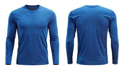 Blue long-sleeve athletic shirt front and back view isolated PNG on transparent background