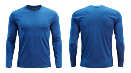 Blue long-sleeve athletic shirt front and back view isolated PNG on transparent background
