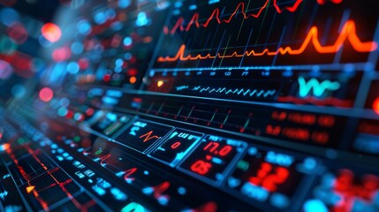 Obraz premium Abstract digital data display showing colorful graphs and charts, representing financial market analysis, big data, and technology trends.