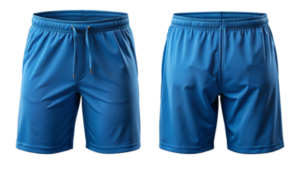 Blue athletic shorts front and back view mockup isolated PNG on transparent background