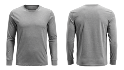 Gray Long Sleeve T-Shirt Mockup Front and Back View isolated PNG on transparent background