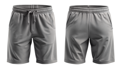 Gray athletic shorts front and back view mockup isolated PNG on transparent background
