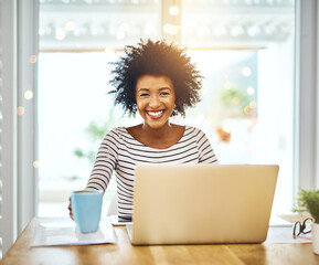 Happy, african woman and portrait with coffee, laptop and notebook in apartment for planning and...