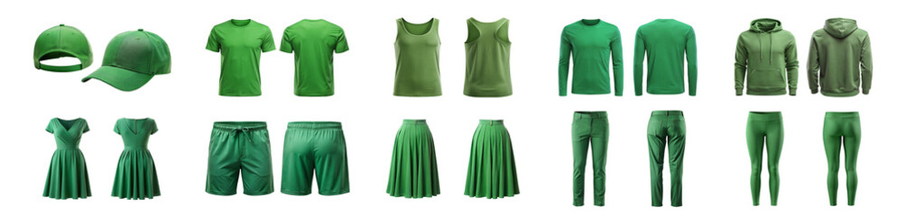 Green clothing collection with various styles and outfits