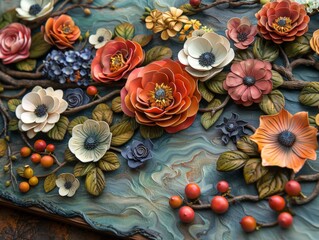 The flowers seem to be crafted from paper or a similar material, their layered petals adding depth to the scene. The image is notable for its three-dimensional quality and the use of mixed media, whic