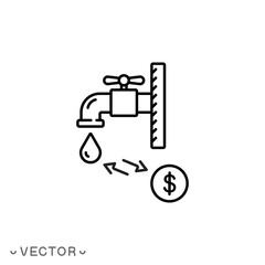 pay cost water supply icon, price or tariff volume of water, faucet with drop, thin line symbol isolated on white background, editable stroke eps 10 vector illustration