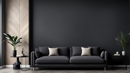 Living room in gray and black, Minimalist design with blank empty dark interior, graphite modern sofa, herringbone beige accent, 3D render