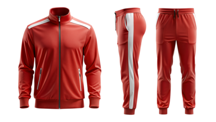 Red tracksuit mockup with white stripes, front and back view isolated PNG on transparent background