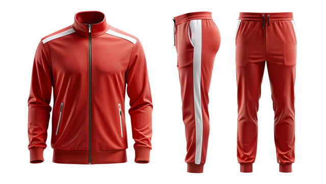 Red tracksuit mockup with white stripes, front and back view isolated PNG on transparent background
