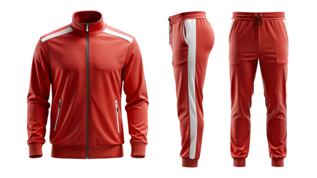 Red tracksuit mockup with white stripes, front and back view isolated PNG on transparent background
