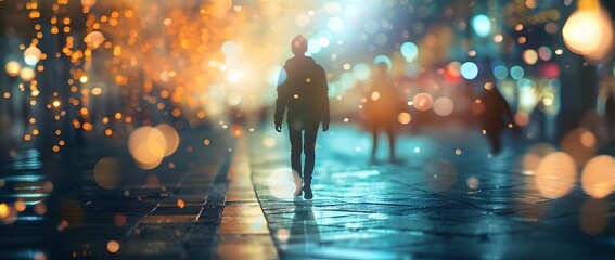Silhouetted Figure Walks Through Blurred Neon Lit City Street at Night with Enchanting Bokeh Lights