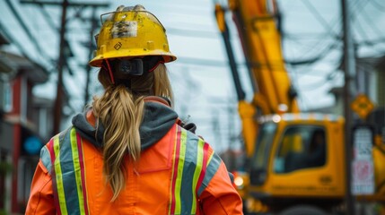 Ensuring Safety in Construction: Woman Guiding Crane Operator to Avoid Power Lines - Teamwork in Hazardous Work Settings