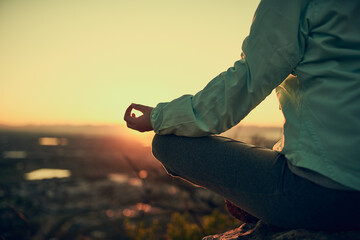 Hands, meditation and lotus on mountain in nature with lens flare for zen, yoga and fitness with...