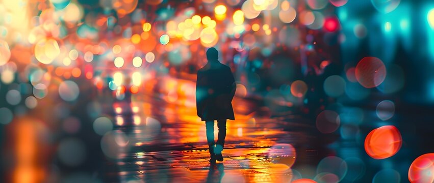 Silhouetted Figure Traversing a Neon Lit Street at Midnight with Blurred Motion and Sparkling Lights