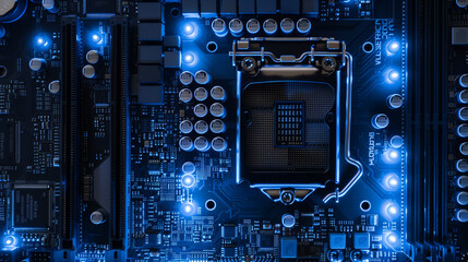 An ultra-clear photo of a motherboard with glowing blue circuits.