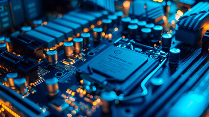 An ultra-clear photo of a motherboard with glowing blue circuits.