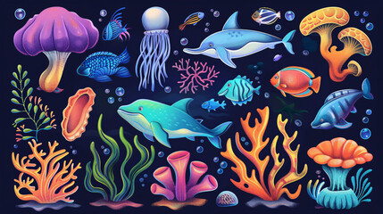 Naklejka premium Cartoon set of marine life flora and fauna elements