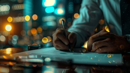Close-up of male hand using pen to write on notebook or letter paper, diary on desk in office. Blurred urban city lights through office window.