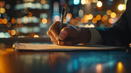 Close-up of male hand using pen to write on notebook or letter paper, diary on desk in office. Blurred urban city lights through office window.