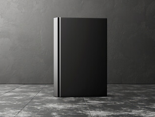 Black vertical book mockup on a textured grey background, showcasing a clean design space for branding and portfolio concepts. Generative AI