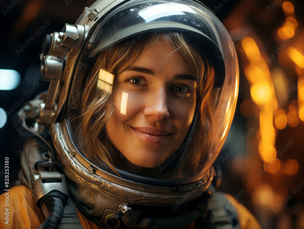 Poster a woman wearing a space helmet, smiling against a bokeh background, evoking a concept of exploration