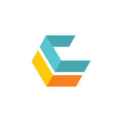 This is a simple flat logo of letter c in hexagonal shape in orange yellow and blue color on a white background

