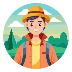 Cartoon of a happy man wearing a hat and carrying a backpack
