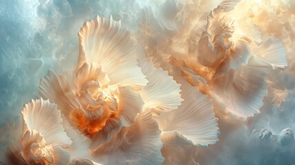 Ethereal abstract image featuring swirling, delicate feathers in soft pastel hues. The composition creates a dreamlike atmosphere with a sense of movement and light.