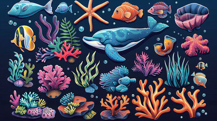 Obraz premium Cartoon set of marine life flora and fauna elements