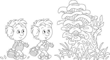 Funny little boys mushroomers with their small baskets found huge oyster mushrooms on an old tree stamp on a glade in a summer forest, black and white vector cartoon illustration for a coloring book