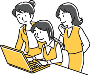 ノートパソコンの画面を覗く3人の女性社員