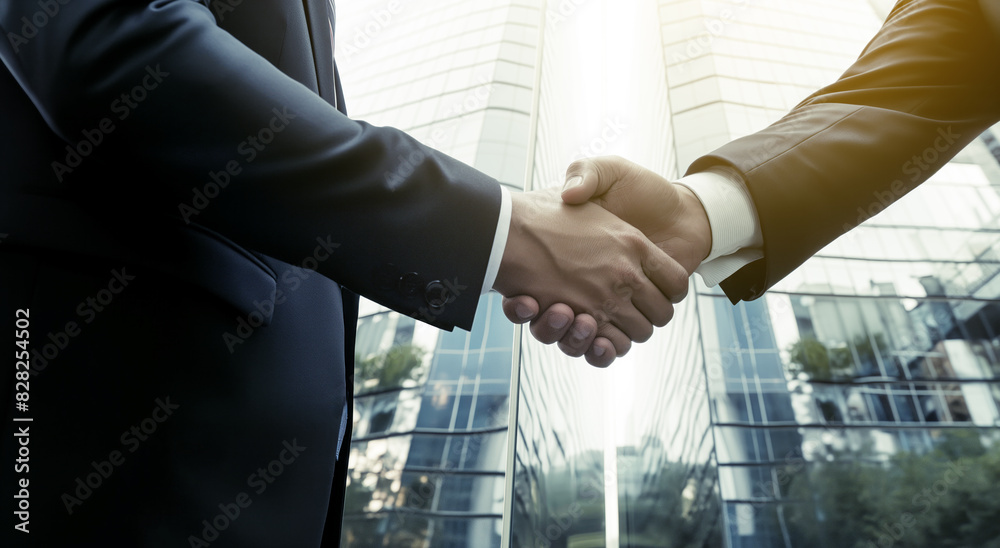 Poster two professionals shaking hands in front of an office building, symbolizing partnership and business