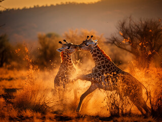 Two Adult Giraffes Engaged In A Dramatic Necking Fight On The African Savannah