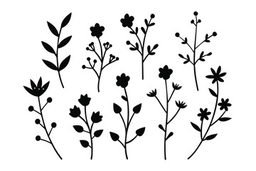 Set of hand drawn branches and flowers black vector on white background