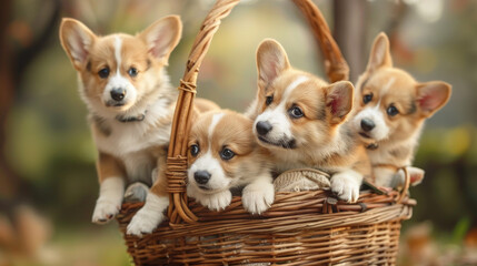 Small puppies in basket. Playful Corgi Puppies in a Rustic Wicker Basket: A Charming Autumn Portrait in Soft Light. 