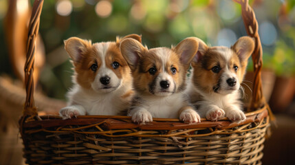 Small puppies in basket. Charming Trio of Pembroke Welsh Corgi Puppies Peeking from a Rustic Basket in a Lush Garden. 