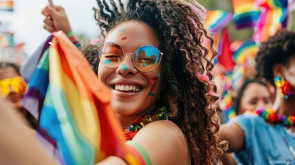 A joyful individual celebrating at a vibrant pride parade, radiating happiness and inclusivity with colorful flags and accessories.