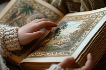 A child's hand turning the page of an exquisitely decorated antique storybook