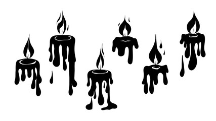 Vector set of black silhouette of flowing paraffin candles with fire isolated from background. Aromatherapy and festive icons. Monochrome candle wax tops.