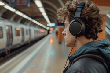 A person with curly hair listening to music with headphones in a subway station
