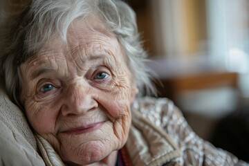 Close-up portrait of a senior woman with a gentle expression, showcasing the beauty of aging with soft light